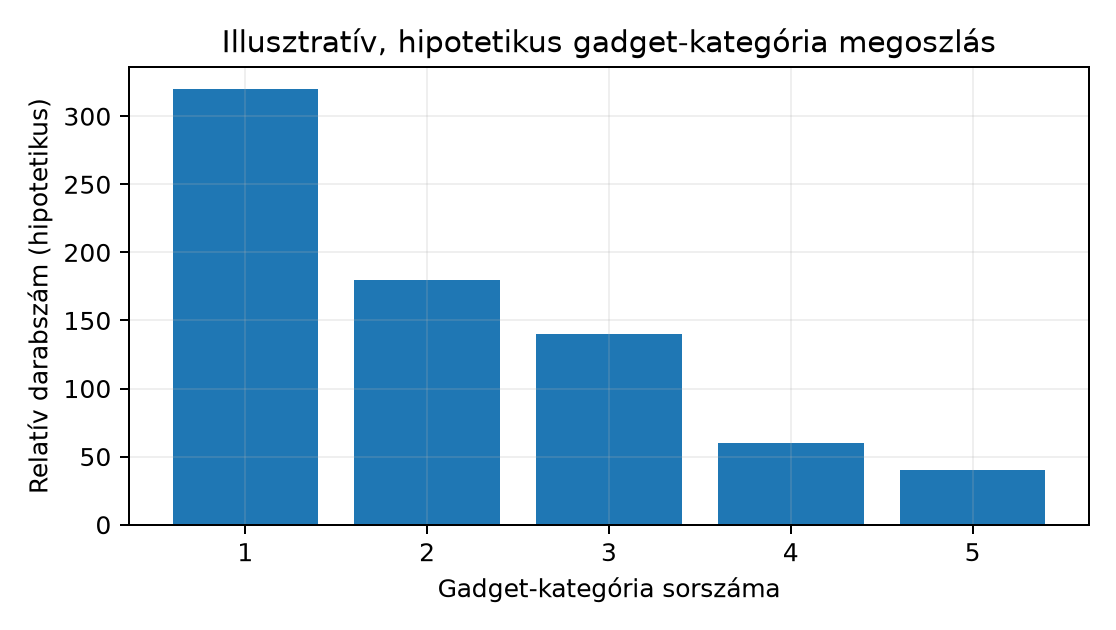 Illusztratív, hipotetikus gadget-kategória megoszlás - Hipotetikus, illusztratív értékek, nem tényleges mérés. Kategóriák: 1=LDP/STP epilógusok, 2=regiszter-töltés, 3=aritmetika/logika, 4=SP-átállítás (pivot), 5=BR/BLR-rel záródó (JOP/COP). Valós szám toolchain-, optimalizálási szint- és könyvtárfüggő.